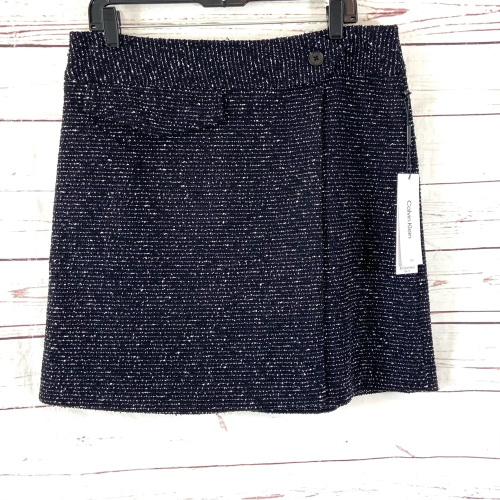 Calvin Klein Skirt Women’s 12‎ Black White Tweed Faux Wrap A-Line
